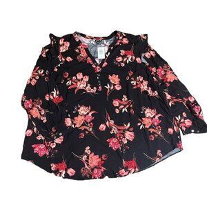 Torrid Challis Ruffle Trim Top Womens Sz 4x Black Floral V Neck Long Sleeve